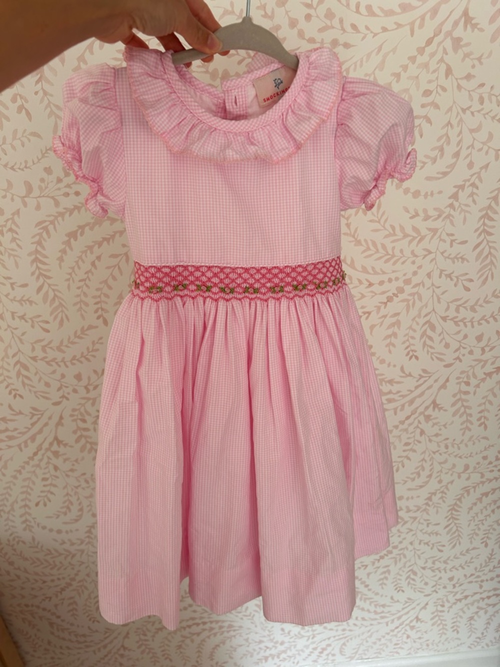 Smocked Pink Gingham Girls' Dress with Ruffle Collar